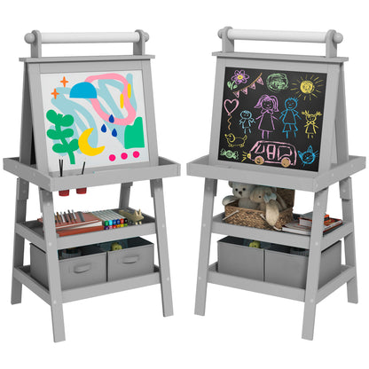 AIYAPLAY 3 in 1 Kids Easel Double-Sided Magnetic Whiteboard and Chalkboard With Paper Roll, Storage Baskets - Grey