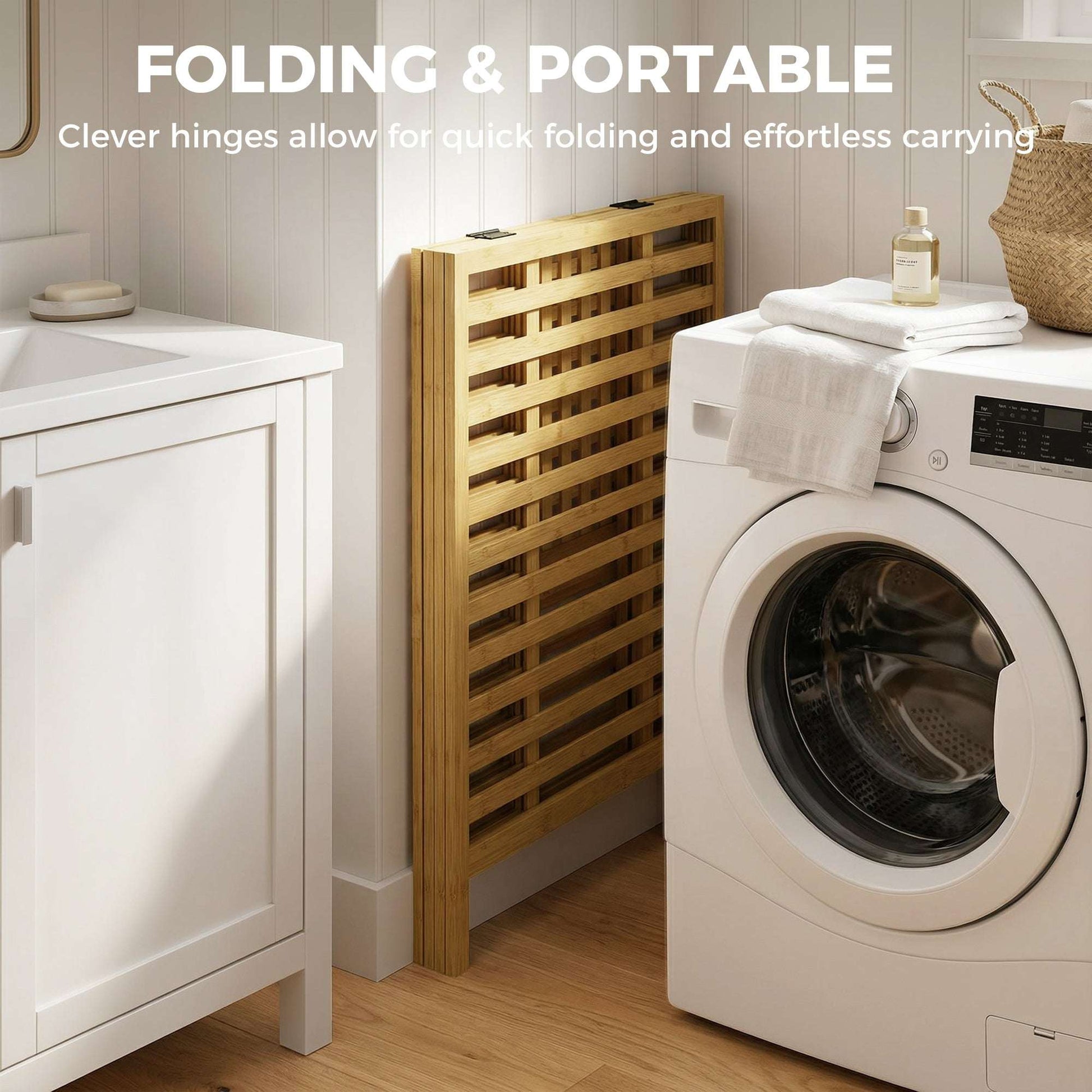 Bamboo Laundry Basket | Double 64L | 2 Washable Oxford Bags | Lid | Top Shelf | Foldable | 30kg | Natural & Cream White