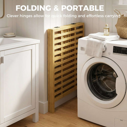 Bamboo Laundry Basket | Double 64L | 2 Washable Oxford Bags | Lid | Top Shelf | Foldable | 30kg | Natural & Cream White