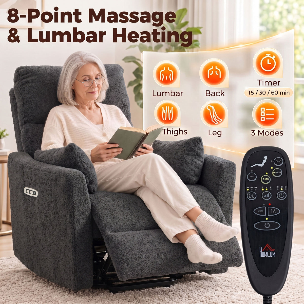 Riser Recliner Chair | 18° Power Lift & 135° Recline | 8-Point Massage & Lumbar Heat | Pocket Spring Teddy Fleece | 12cm Seat Cushion | USB-A & USB-C | Remote | 120kg | 160–200cm | Dark Grey