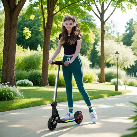 Folding Electric Scooter for Kids Age 6-14 with Dual Brakes, Front Suspension, LED Colourful Lights and Display, 6.8kg Lightweight Aluminium E Scooter, Up to 14 KM/H & 6 KM