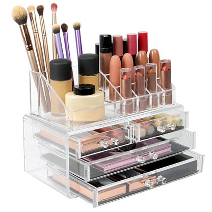 Pukkr 20 Section Clear Acrylic Cosmetic Makeup & Jewellery Organiser | 4 Slide-Out Drawers with Mesh Liners | Open-Top Tray | Lipstick Brushes Nail Polish Palettes | 19x14x13.5cm | 2-Year Guarantee