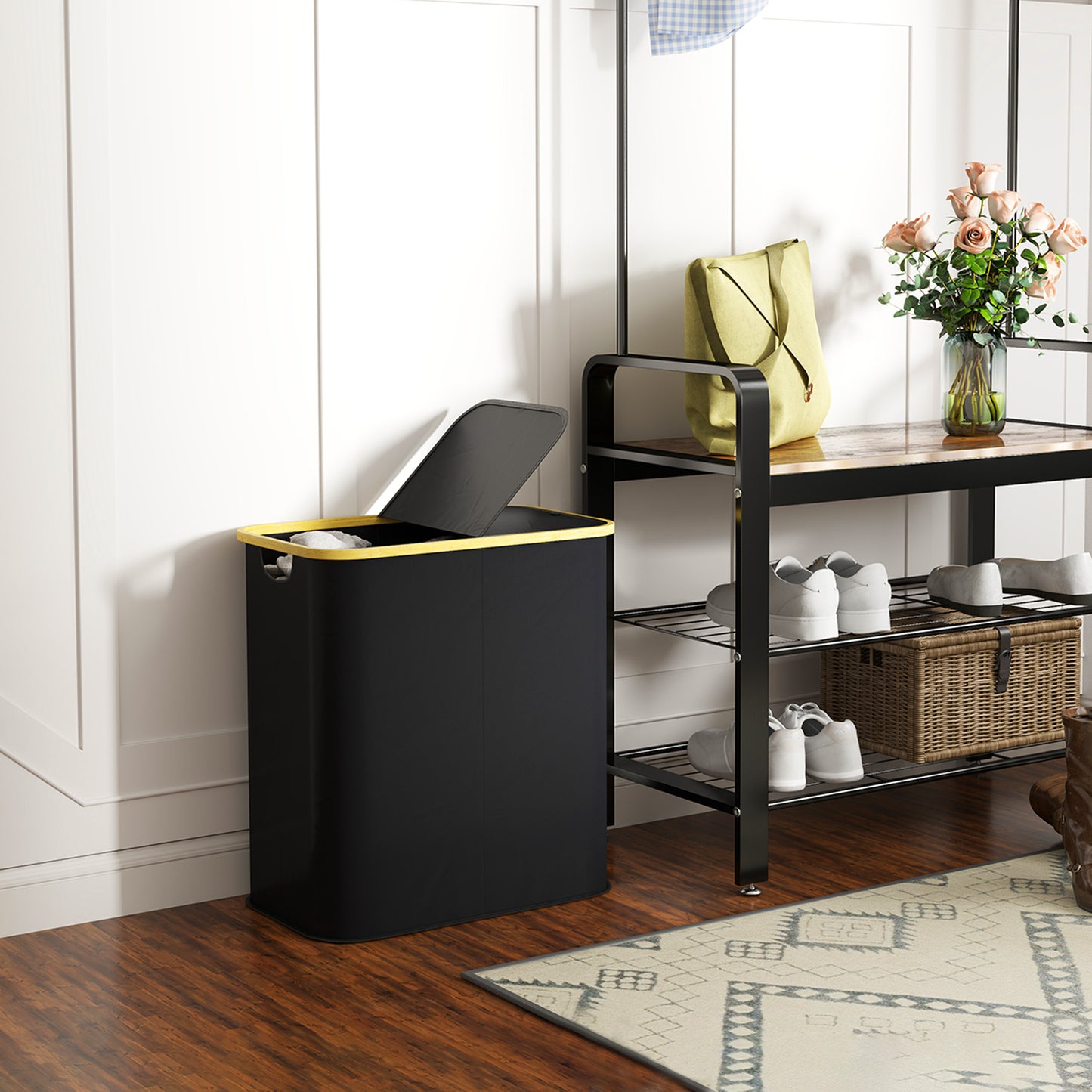 Double Laundry Basket With Lid, 80L Collapsible Laundry Hamper with Groove Handles, Washing Basket for Bathroom, Bedroom, Laundry Room, Black