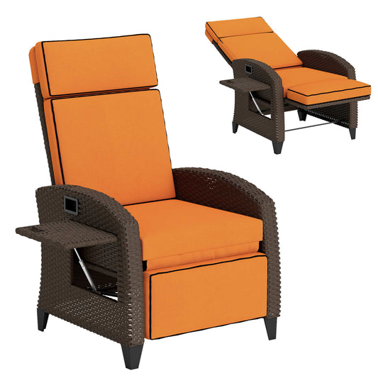 Rattan Outdoor Recliner Chair | 140° Adjustable Back | Lift-Up Footrest | Flip-Up Side Tray | Full Cushion Seat Back Headrest & Footrest | Powder-Coated Steel | 160kg | 65x78x102cm | Orange