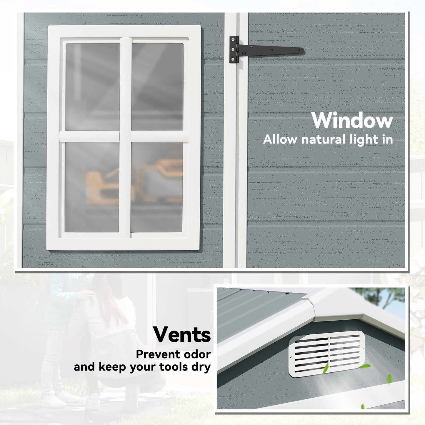 PP & Aluminium Garden Storage Shed | Wood-Grain Texture | Apex Roof | 116cm Double Doors | Lock & Keys | 2 Windows | 2 Vents | UV-Resistant | 40kg/m² Snow Load | 244x131x201cm | 2.77m² | Light Grey