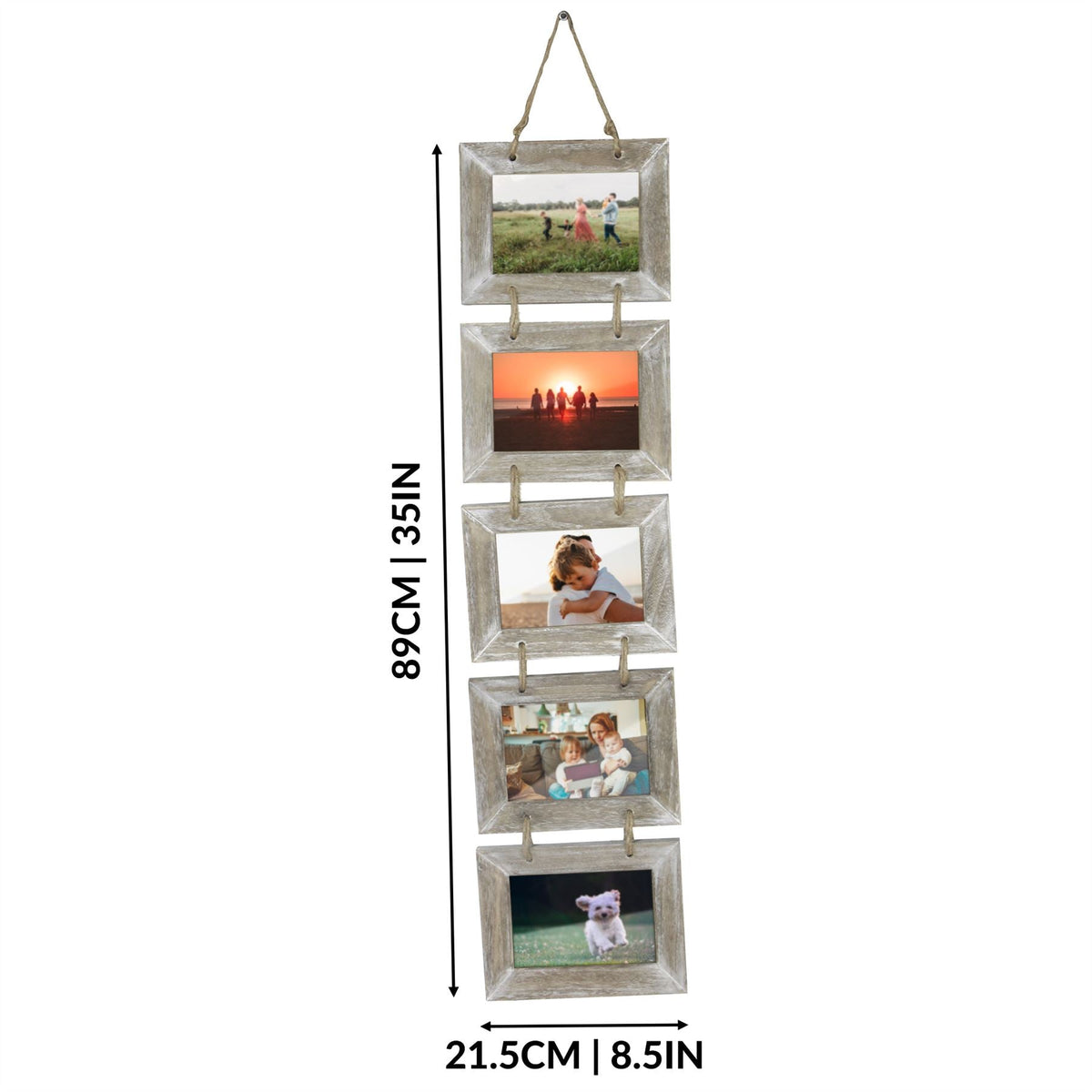 Maison & White 5 Hanging Wooden Photo Frame Hanger Set | Hardwood Vintage Rustic | Holds 6x4 Photos | 89x21.5x2cm | Wedding Housewarming Birthday Gift | Wall Display | 2-Year Warranty