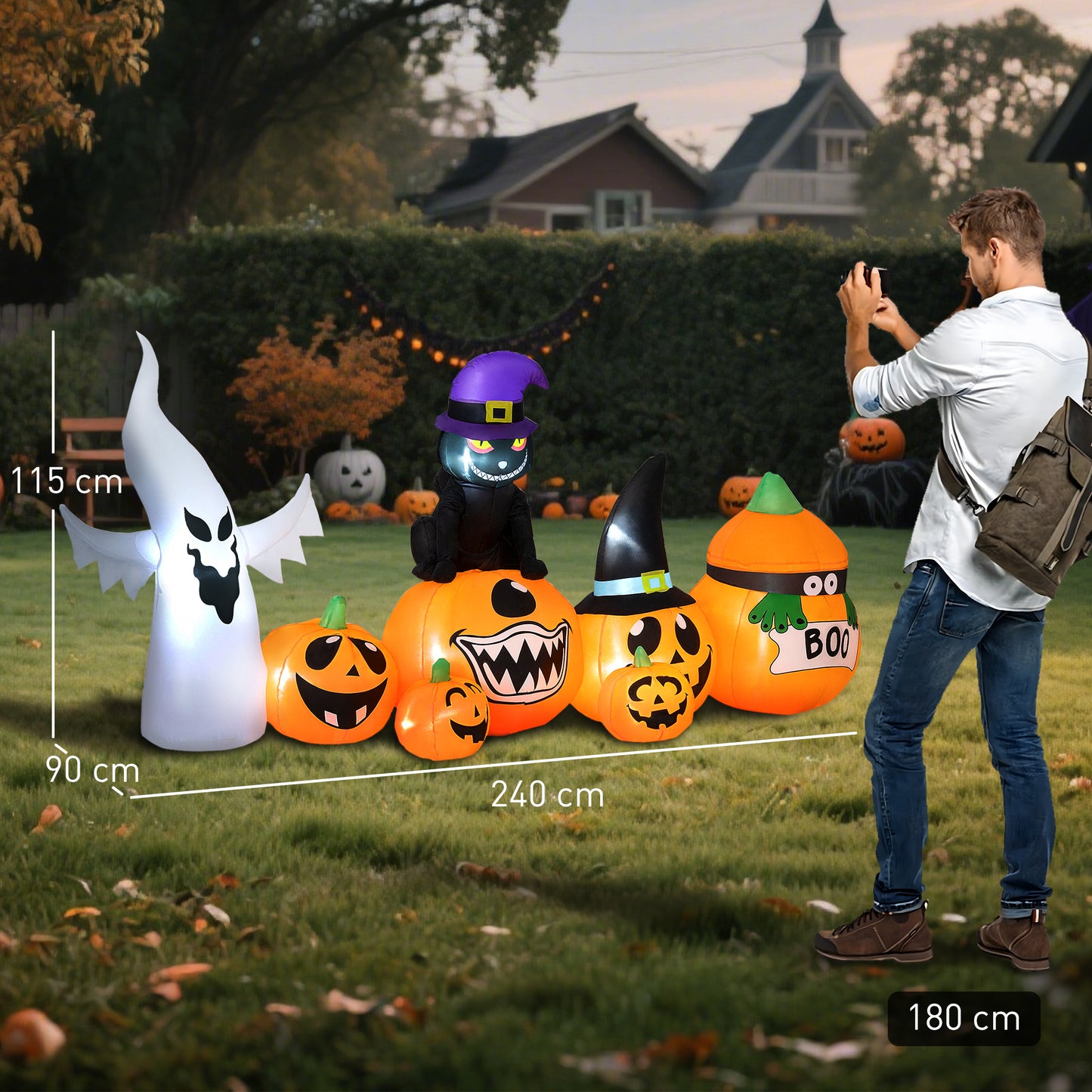 8 FT Halloween Inflatables Pumpkin Ghost and Cat Combo, Outdoor Halloween Decorations with 9 Built-in LEDs, Self-Inflating Blow Up Decor for Garden Party
