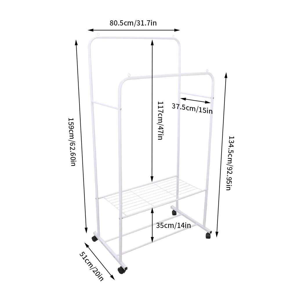 Heavy Duty Rolling Clothes Rack with Wheels Metal Coat Hanger Stand Shoes Storage Organizer