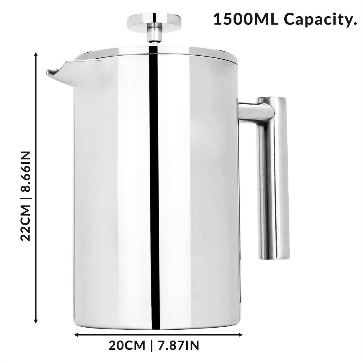 Maison & White French Press Cafetiere | Stainless Steel | 1500ml | Double-Walled | 22x20cm | Keeps Warm Up to 2 Hours | 7-Piece Set | 2-Year Warranty