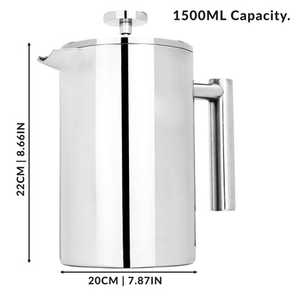 Maison & White French Press Cafetiere | Stainless Steel | 1500ml | Double-Walled | 22x20cm | Keeps Warm Up to 2 Hours | 7-Piece Set | 2-Year Warranty