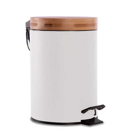 Maison & White White Matt Steel Bathroom Bin with Bamboo Lid | 3L | Foot Pedal | Soft-Close | Removable Inner Basket | Fingerprint-Resistant | 25.5x17x17cm | 2-Year Warranty