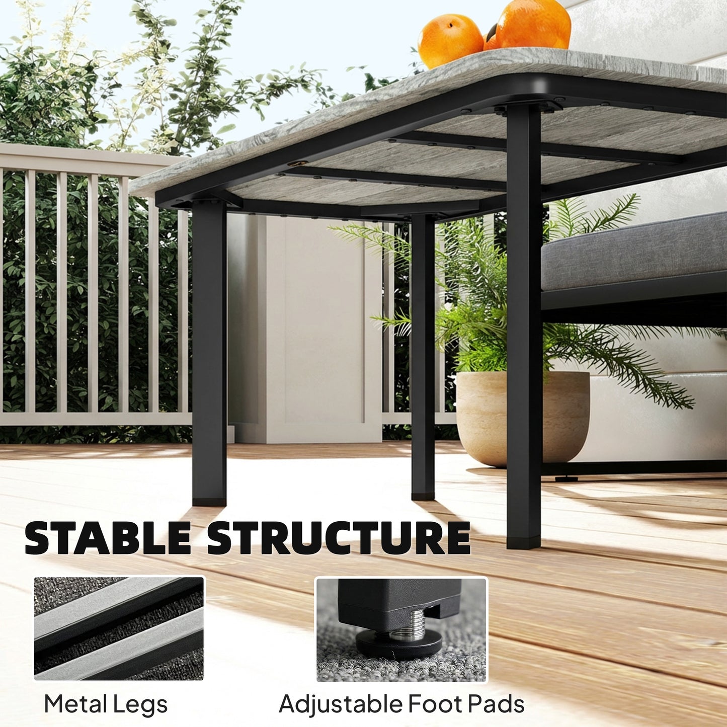 Garden Coffee Table | Slatted Plastic Wood Composite Top | Metal Frame | Adjustable Feet | 50kg | Grey