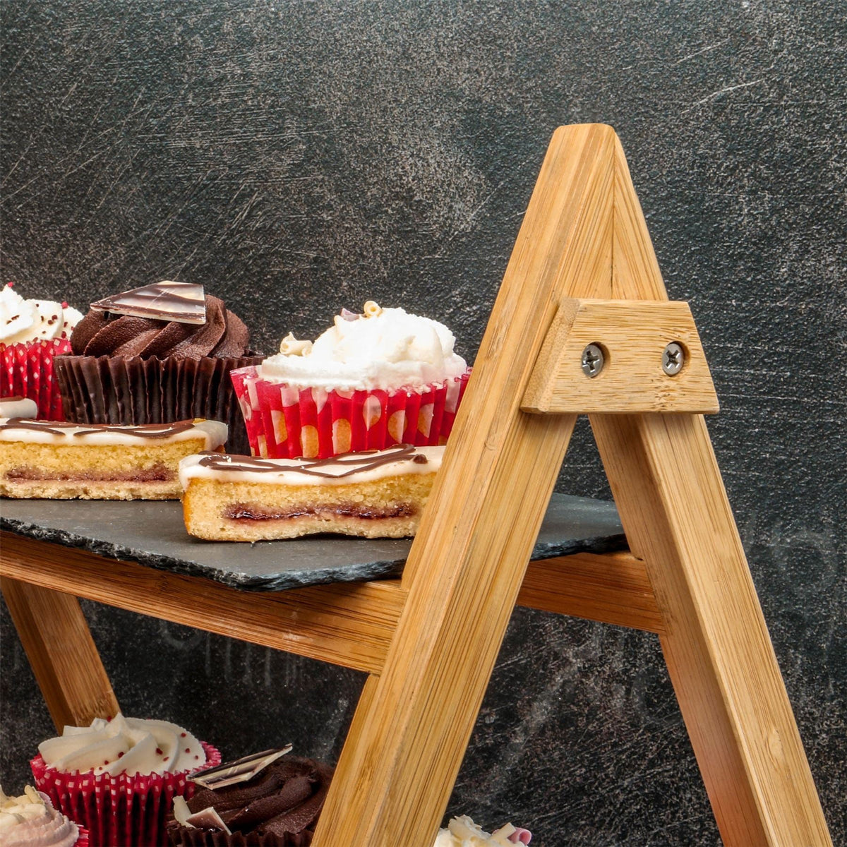 Maison & White 2 Tier Slate & Bamboo Food Stand | Foldable Frame | Removable Slate Platters | 32x42x25.5cm | 670g | Desserts Antipasti Entertaining | Assembly Required