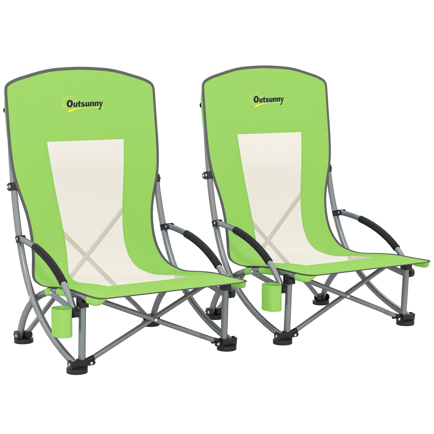 Set of 2 Folding Beach Chair, Low Camping Chair with Mesh Back, Carry Bag and Cup Holder for Garden Outdoor Picnic Festival Travel