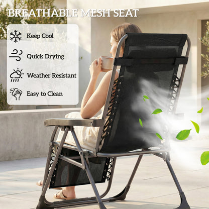 Set of 2 Zero Gravity Folding Sun Loungers | Stepless Recline | Headrest & Side Tray | 120kg | Black