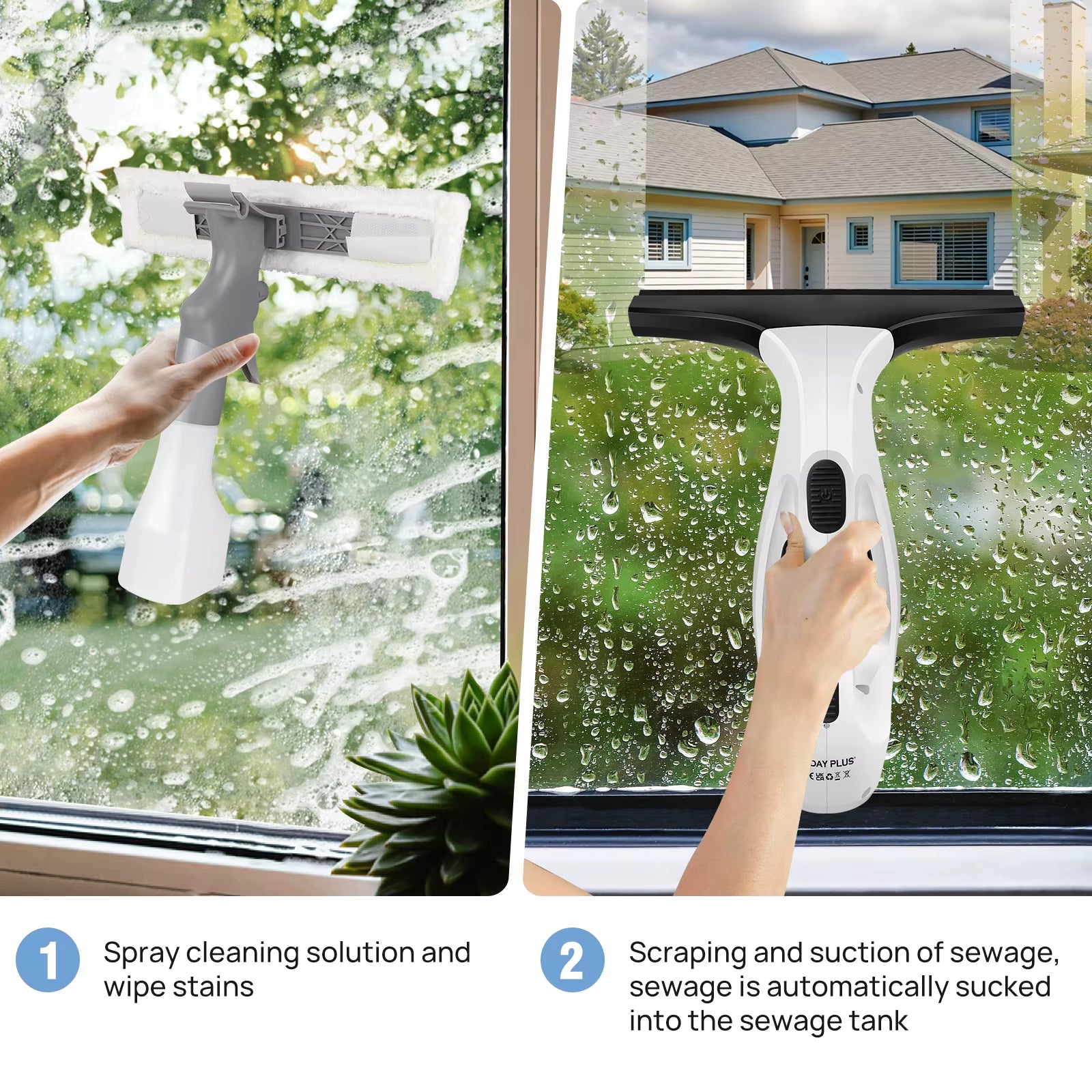 Window Squeegee, Rechargeable Cordless Window Vacuum 3500Mah, 2 in 1 Squeegee & Microfiber Window Scrubber for Windows, Mirror