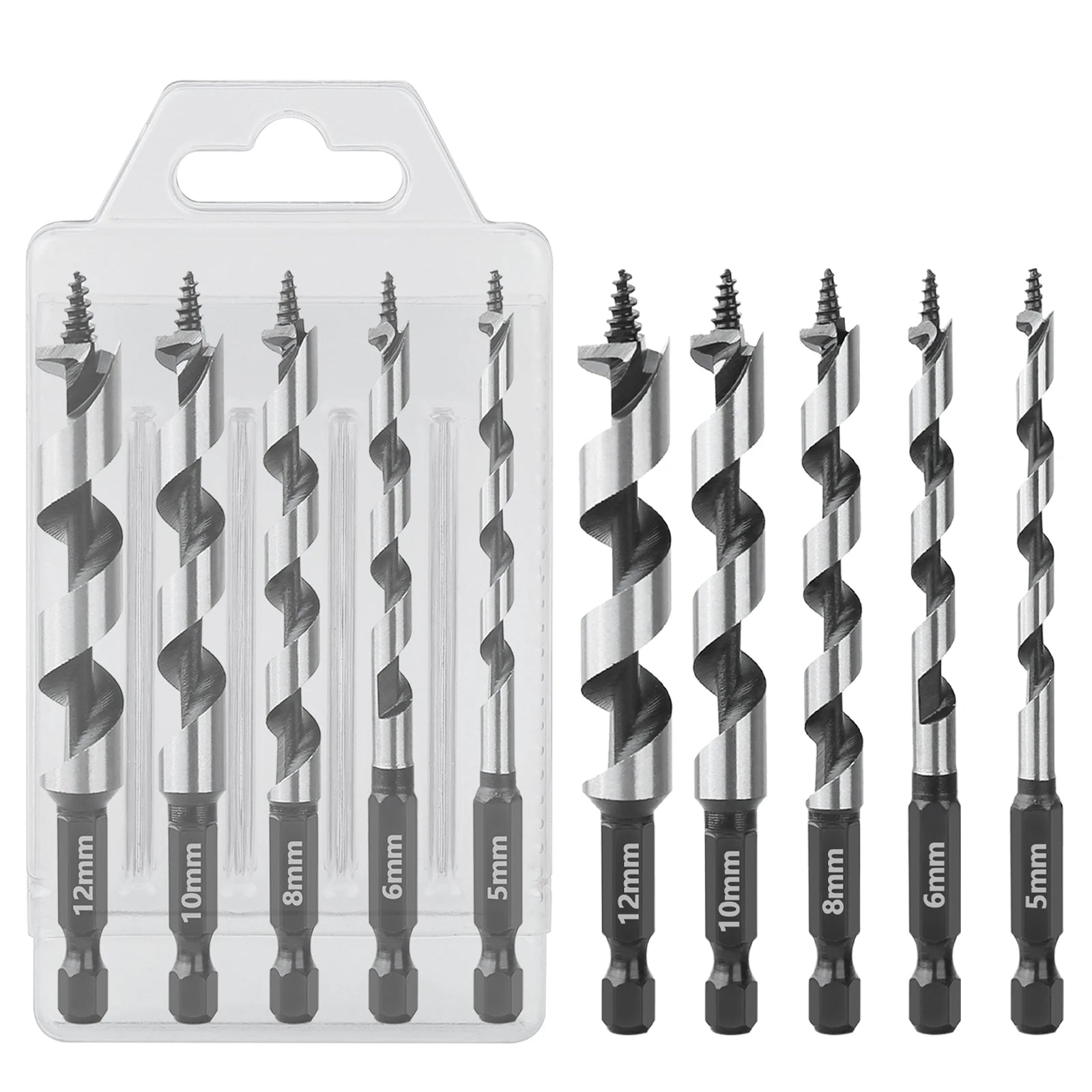 Wood Drill Bit Set with 5/6/8/10/12mm Ship Auger Design, 1/4'' Quick Change Shank, HCS for Soft & Hard Wood 