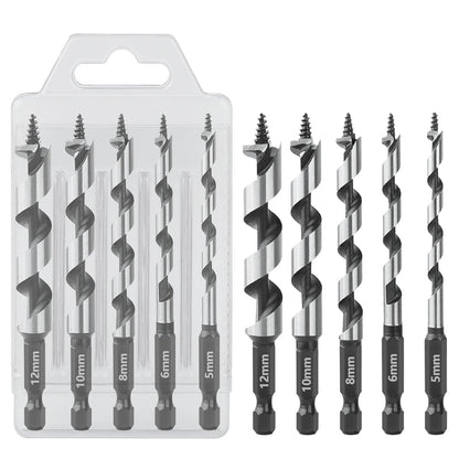Wood Drill Bit Set with 5/6/8/10/12mm Ship Auger Design, 1/4'' Quick Change Shank, HCS for Soft & Hard Wood 