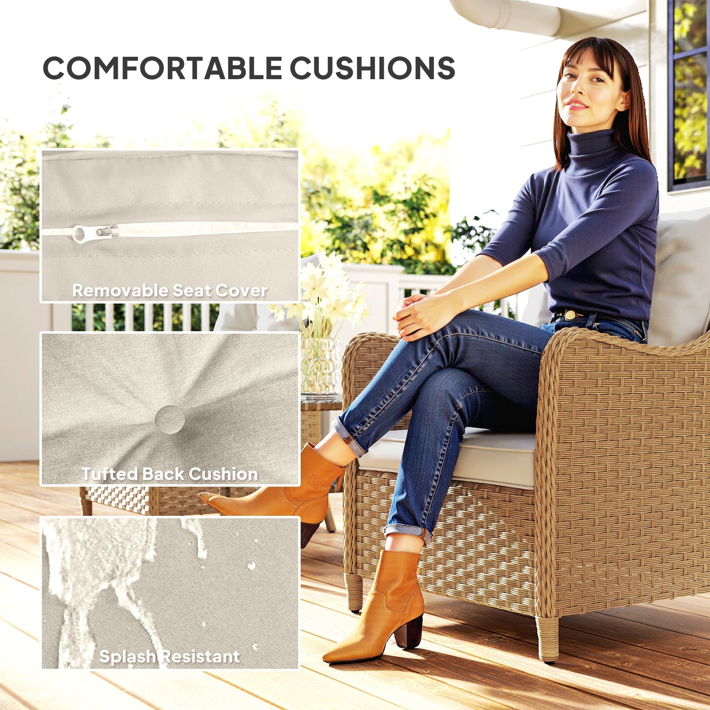 Outsunny Rattan Garden Chairs Set of 2, Outdoor Rattan Chairs with Cushions, Armrests and High Back, PE Wicker Garden Armchair with Steel Frame for Balcony, Porch