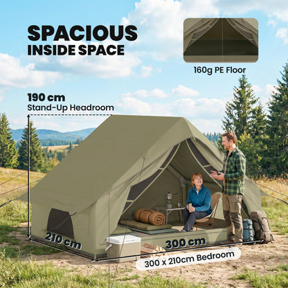 Inflatable Camping Tent | 2-4 Person | 5-Min Setup | Waterproof Oxford | Level 4 Wind | 300x210x190cm | Army Green
