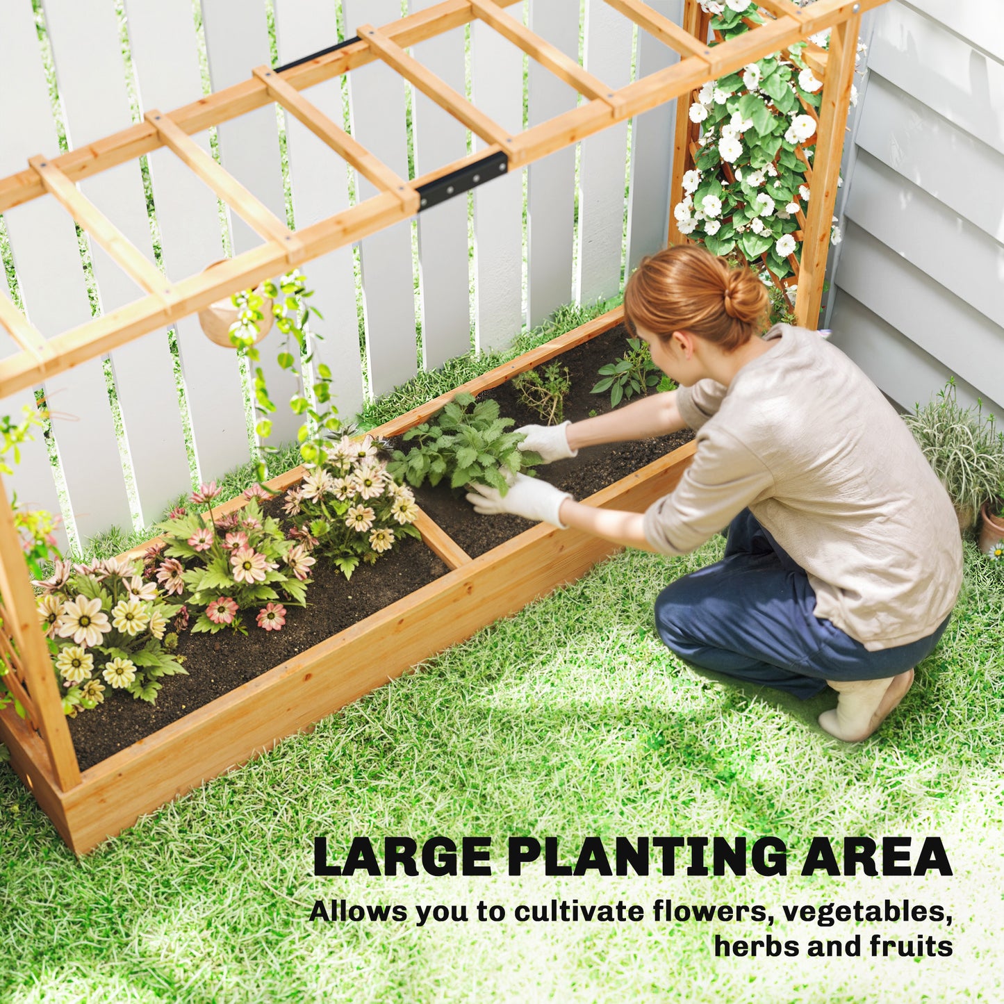 Wooden Raised Planter with Trellis & Hanging Roof Rails | Fir Wood | 2 Side Trellises | 8 Drainage Holes | 175x39cm Bed | 10kg Max | 200x44x113.5cm | Natural Wood Finish