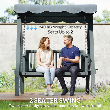 2-Seater Garden Swing Seat with Canopy | Larch Wood Frame | UV-Resistant | 240kg | Grey