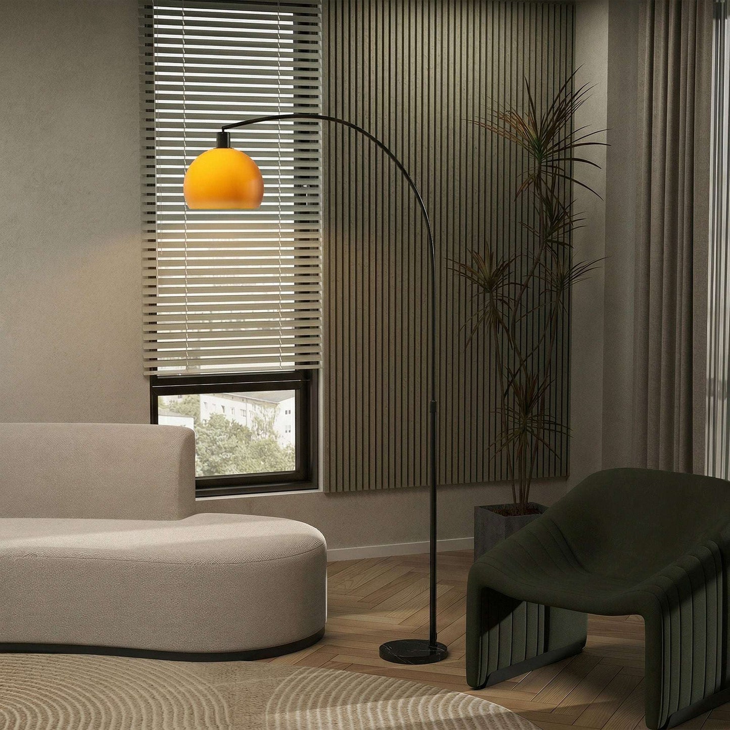 Modern Floor Lamp | Marble Base | Curved Head | Round Shade | Foot Switch | E27 | LED Compatible | 180cm | Black