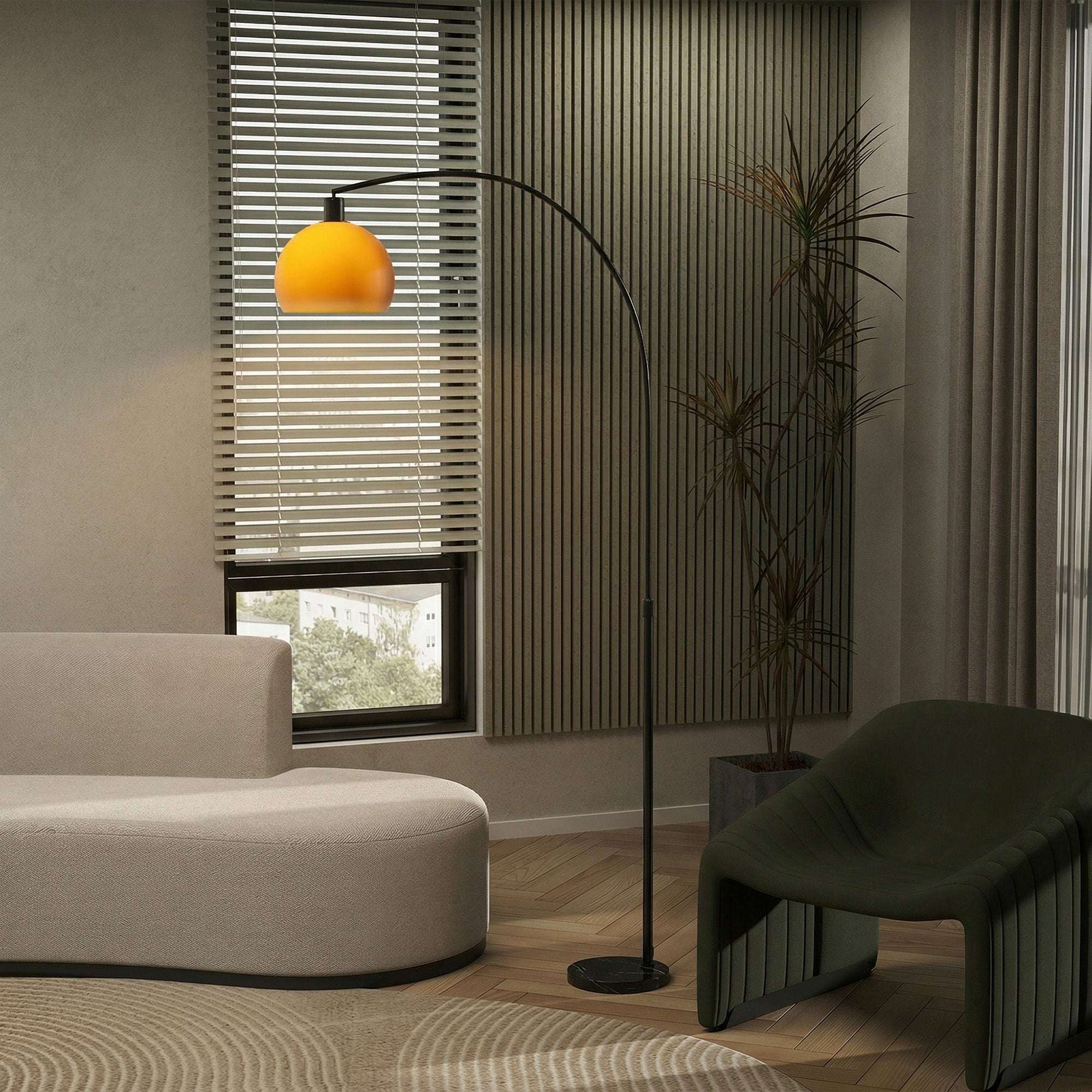 Modern Floor Lamp | Marble Base | Curved Head | Round Shade | Foot Switch | E27 | LED Compatible | 180cm | Black