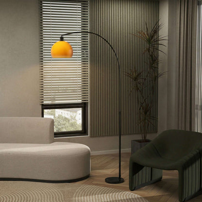 Modern Floor Lamp | Marble Base | Curved Head | Round Shade | Foot Switch | E27 | LED Compatible | 180cm | Black