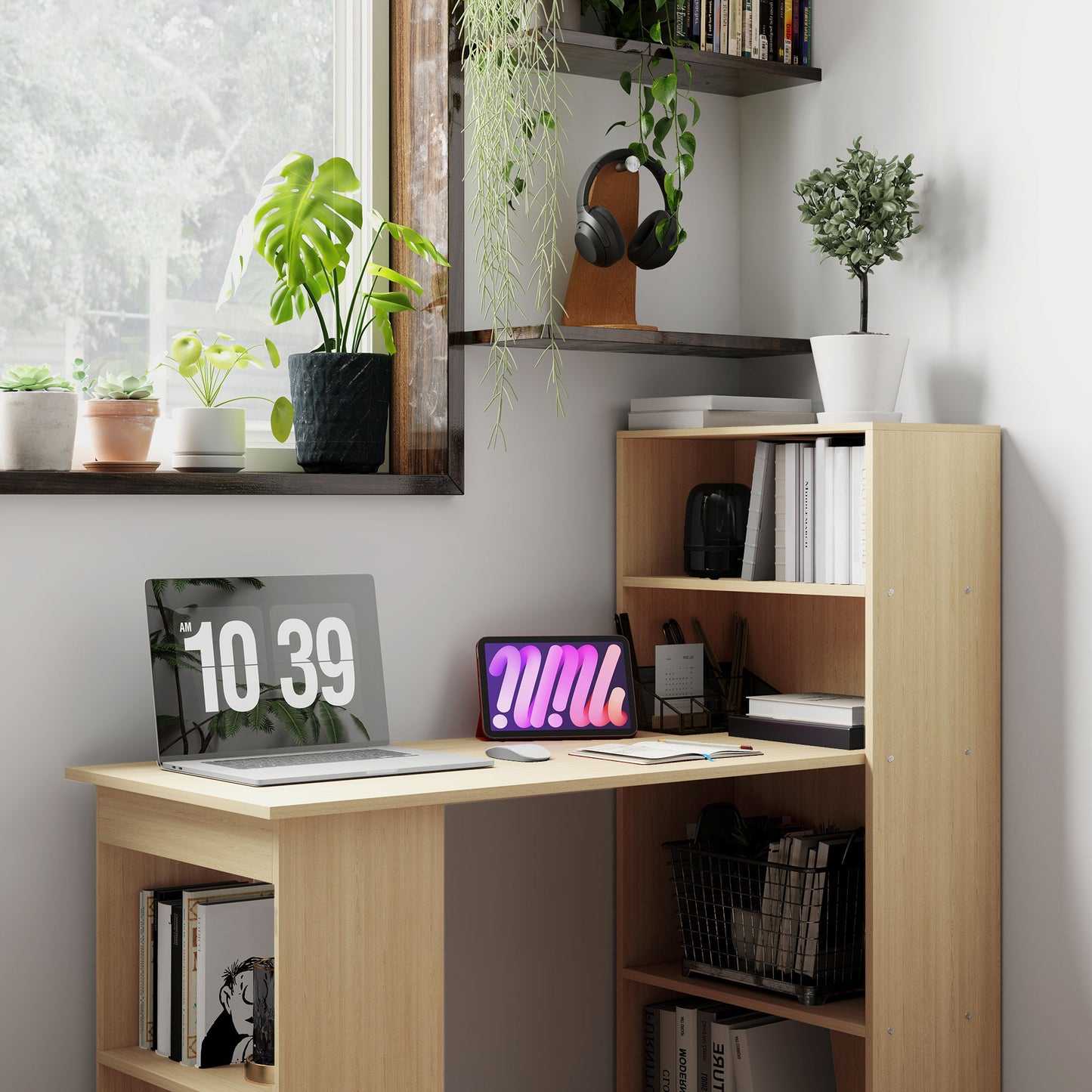 120cm Modern Computer Desk Bookshelf Study Table Workstation PC Laptop Writing Home Office 6 Shelves, Natural Wood Finish