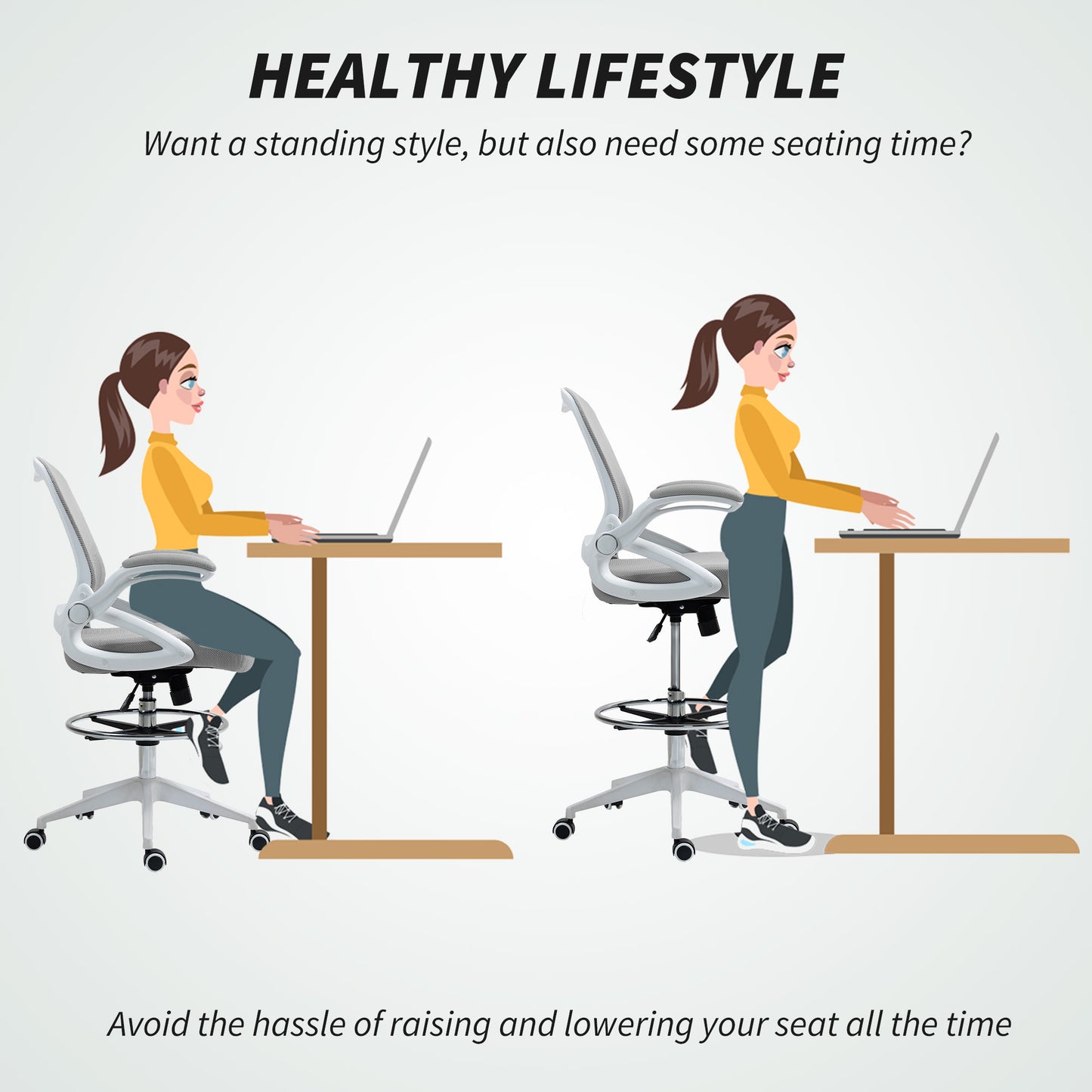 Drafting Chair for Standing Desk | Mesh Back | Foam Seat | Flip-Up Armrests | Foot Ring | 360° Swivel | Height Adjustable 106-126cm | 120kg | Light Grey