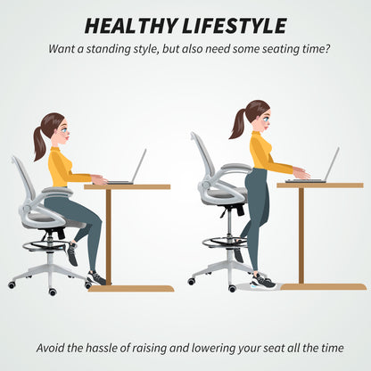 Drafting Chair for Standing Desk | Mesh Back | Foam Seat | Flip-Up Armrests | Foot Ring | 360° Swivel | Height Adjustable 106-126cm | 120kg | Light Grey