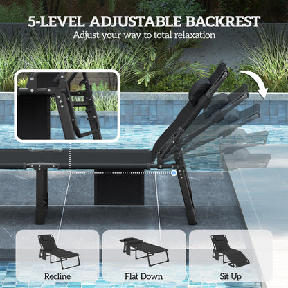 Folding Sun Lounger Camping Bed | 5 Position Recline | 68cm Mesh Seat | Removable Cushion & Headrest | Portable | 120kg | Blue