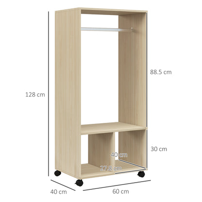 Open Wardrobe on Wheels | Clothes Hanging Rail | 2 Open Shelves | 4 Wheels 2 Lockable | 128x60x40cm | 25kg | Natural Wood Effect