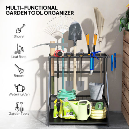 3-Tier Garden Tool Storage Rack | 20+ Tools | 5 G-Hooks & 6 Side Hooks | Adjustable Feet | Corner-Fit | Black