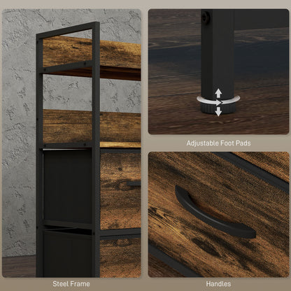 Retro Rustic Style Chest of Five Fabric Drawers - Brown Wood Effect