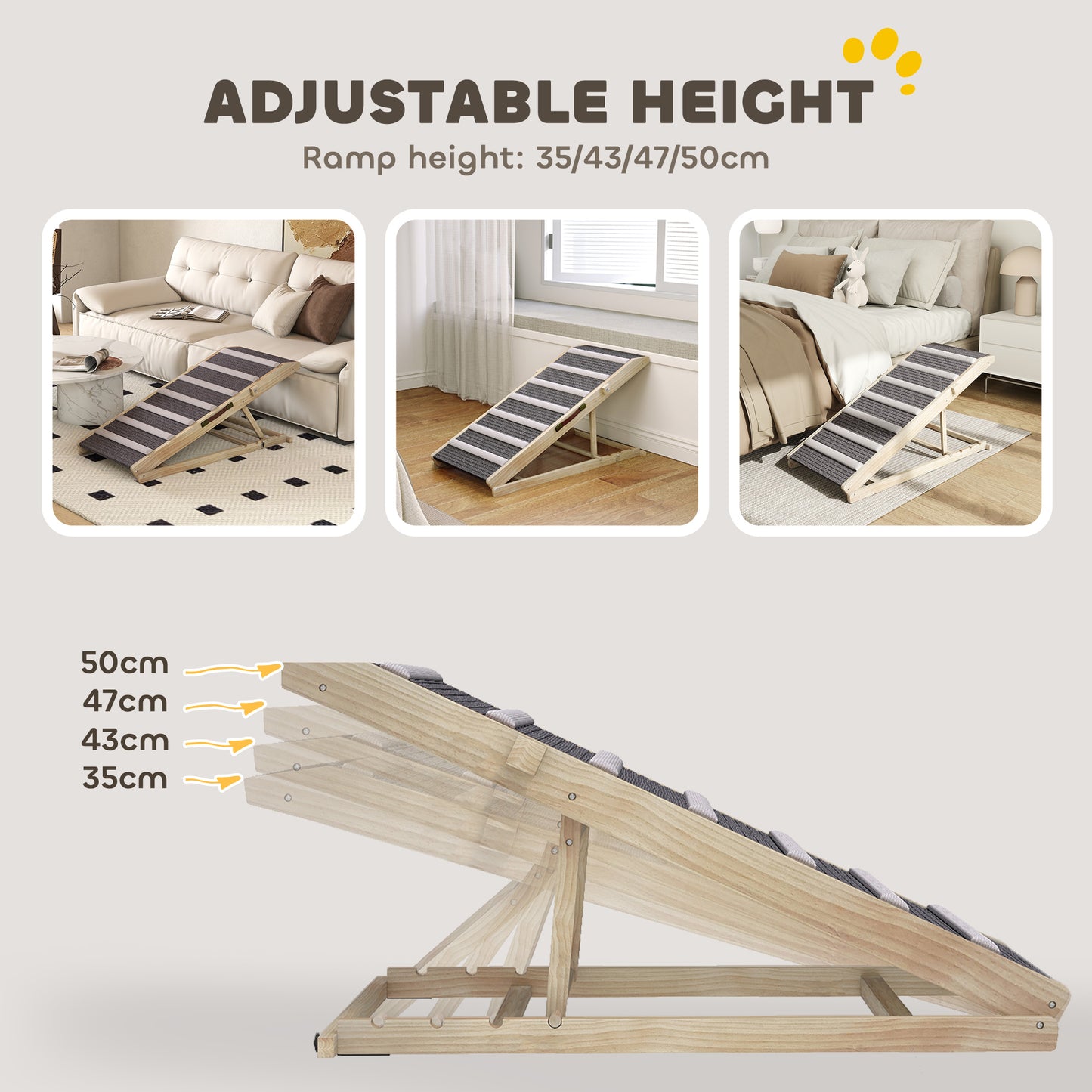 PawHut Dog Ramp for Couch, Adjustable Folding Pet Ramp, 4 Adjustable Height Dog Climbing Ladder, 35/43/47/50 cm Height