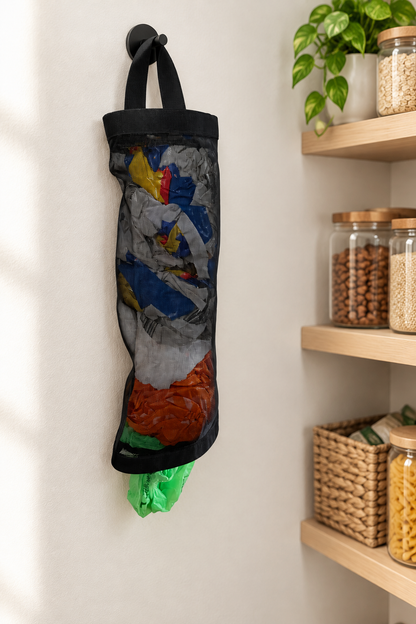 Filled carrier bag dispenser hanging on a pantry wall