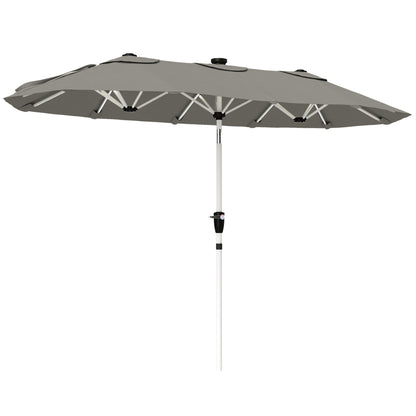 3m Double-Sided Garden Parasol | 12 Solar LED Strips | UPF30+ 180GSM Canopy | 12 Metal Ribs | Vented | Crank Handle | 295cm | Grey