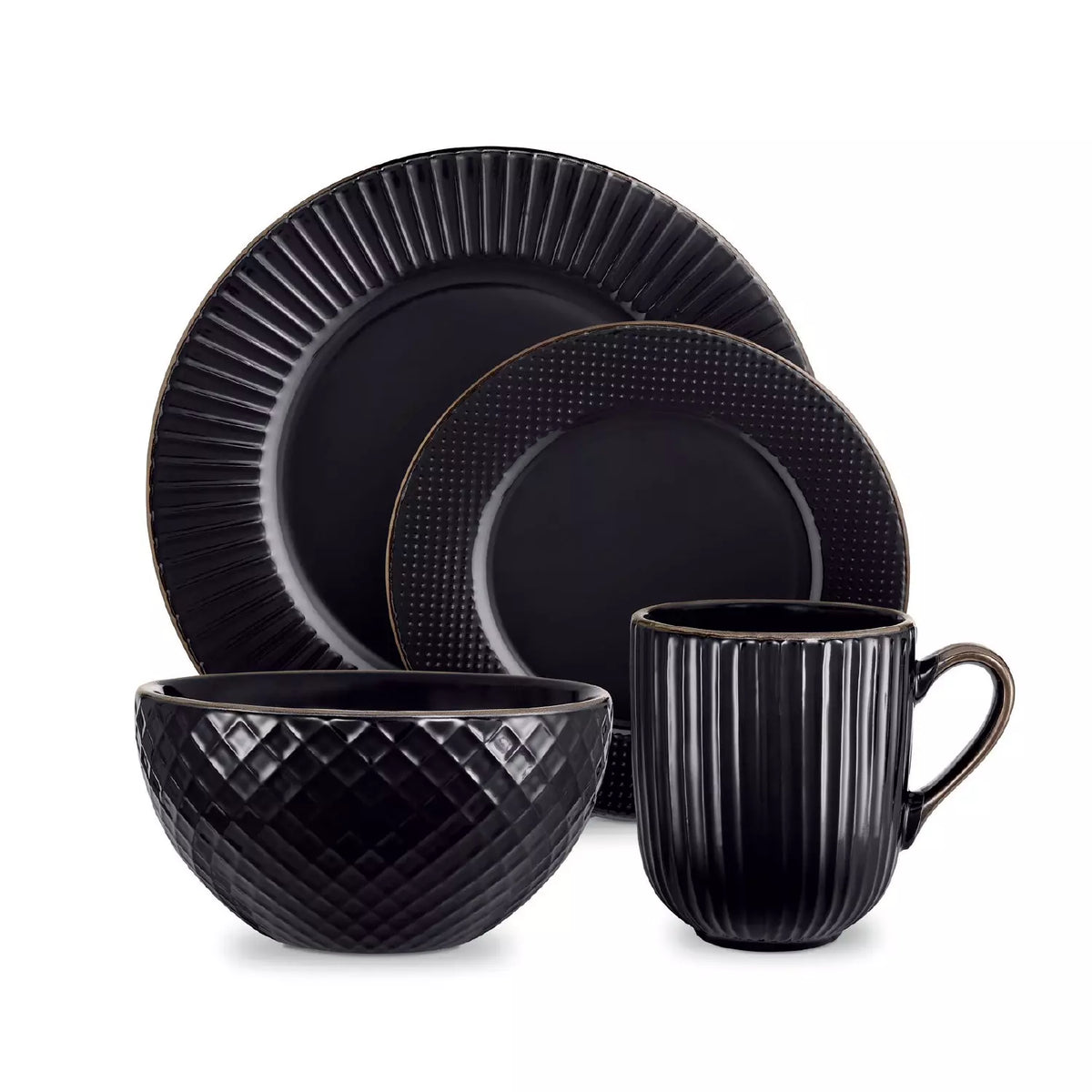 Tower Empire 16-Piece Black Embossed Dinnerware Set | T867002BLK | Serves 4 | 4 Dinner Plates 4 Side Plates 4 Bowls 4 Mugs | Modern Black Tableware | Kitchen Dining