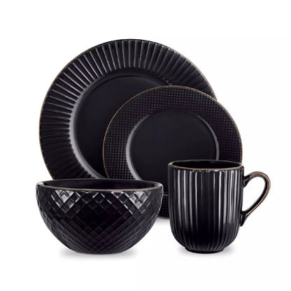 Tower Empire 16-Piece Black Embossed Dinnerware Set | T867002BLK | Serves 4 | 4 Dinner Plates 4 Side Plates 4 Bowls 4 Mugs | Modern Black Tableware | Kitchen Dining