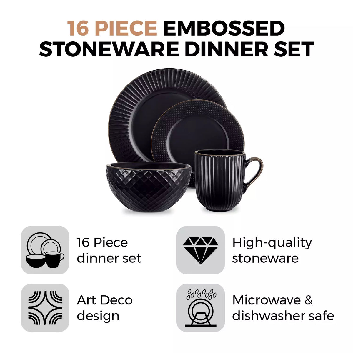 Tower Empire 16-Piece Black Embossed Dinnerware Set | T867002BLK | Serves 4 | 4 Dinner Plates 4 Side Plates 4 Bowls 4 Mugs | Modern Black Tableware | Kitchen Dining