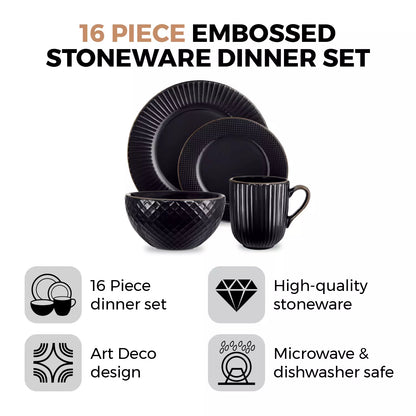 Tower Empire 16-Piece Black Embossed Dinnerware Set | T867002BLK | Serves 4 | 4 Dinner Plates 4 Side Plates 4 Bowls 4 Mugs | Modern Black Tableware | Kitchen Dining