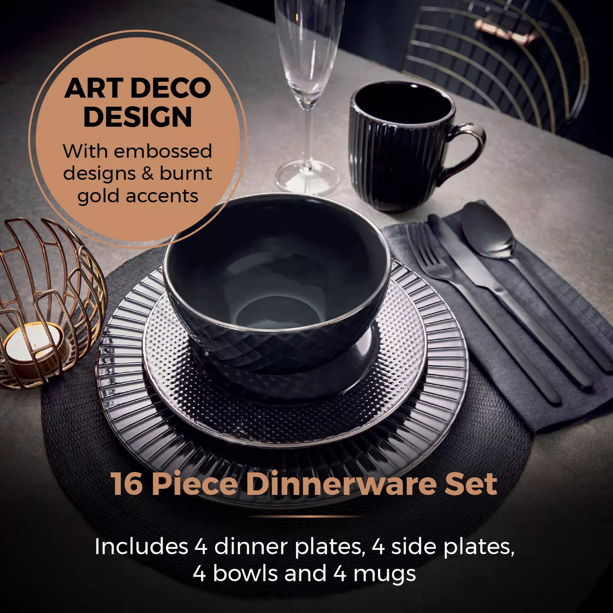 Tower Empire 16-Piece Black Embossed Dinnerware Set | T867002BLK | Serves 4 | 4 Dinner Plates 4 Side Plates 4 Bowls 4 Mugs | Modern Black Tableware | Kitchen Dining