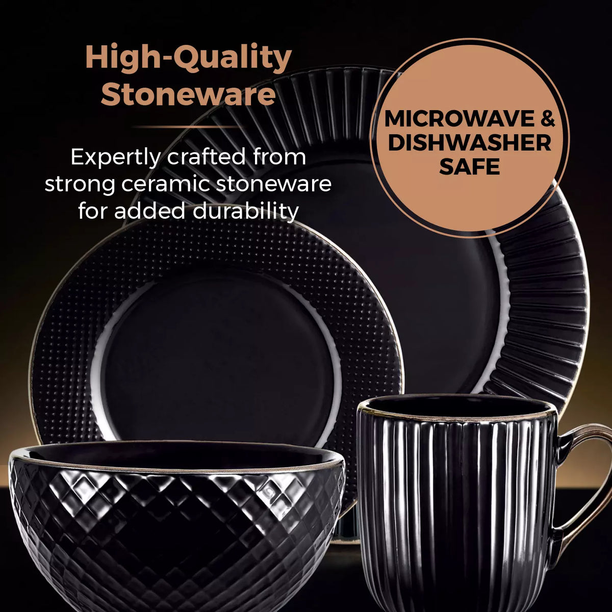 Tower Empire 16-Piece Black Embossed Dinnerware Set | T867002BLK | Serves 4 | 4 Dinner Plates 4 Side Plates 4 Bowls 4 Mugs | Modern Black Tableware | Kitchen Dining