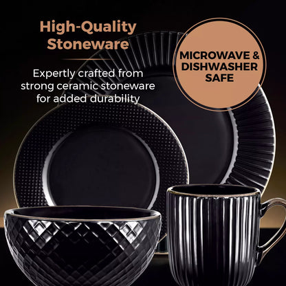 Tower Empire 16-Piece Black Embossed Dinnerware Set | T867002BLK | Serves 4 | 4 Dinner Plates 4 Side Plates 4 Bowls 4 Mugs | Modern Black Tableware | Kitchen Dining