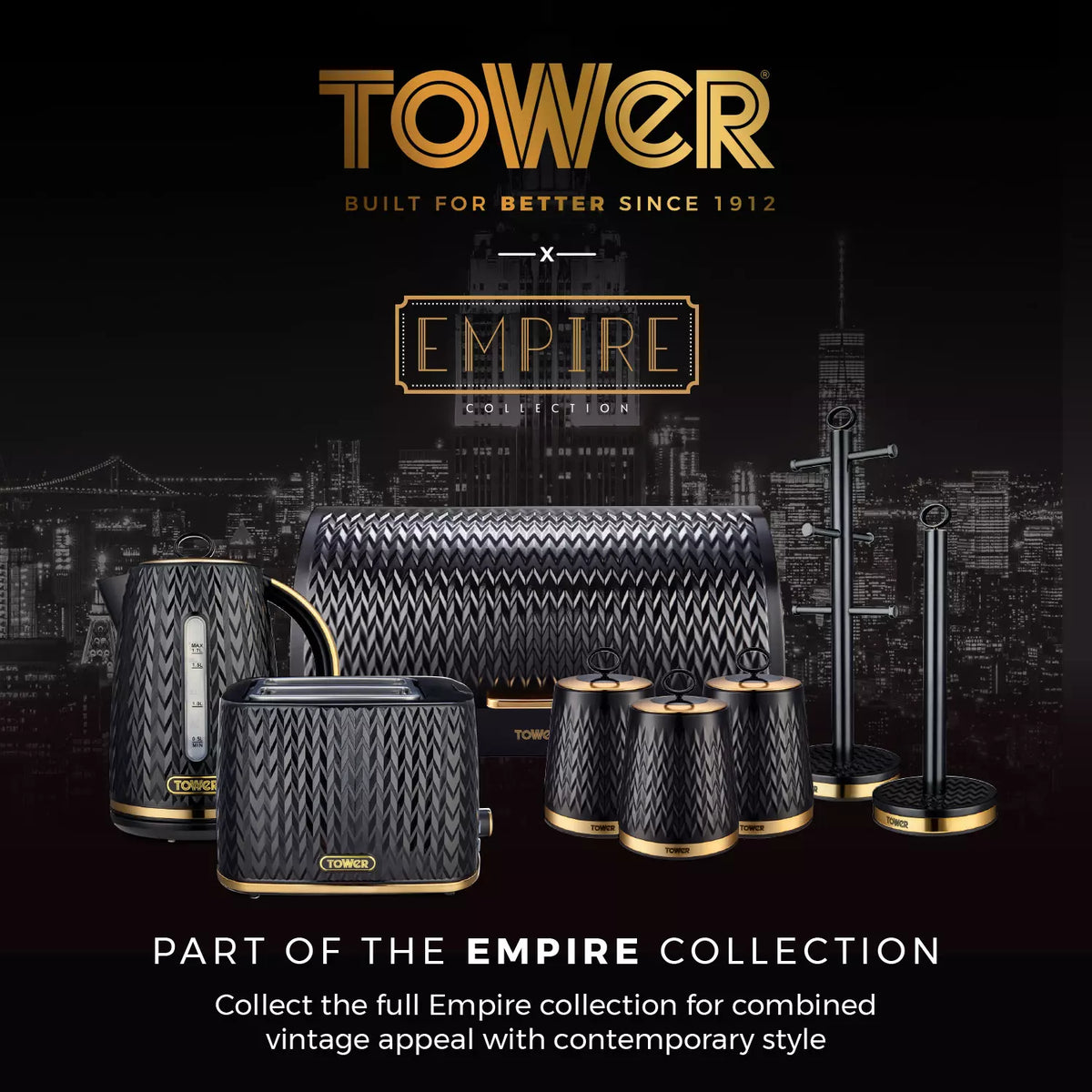 Tower Empire 16-Piece Black Embossed Dinnerware Set | T867002BLK | Serves 4 | 4 Dinner Plates 4 Side Plates 4 Bowls 4 Mugs | Modern Black Tableware | Kitchen Dining