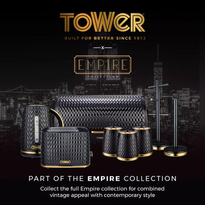 Tower Empire 16-Piece Black Embossed Dinnerware Set | T867002BLK | Serves 4 | 4 Dinner Plates 4 Side Plates 4 Bowls 4 Mugs | Modern Black Tableware | Kitchen Dining