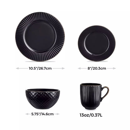Tower Empire 16-Piece Black Embossed Dinnerware Set | T867002BLK | Serves 4 | 4 Dinner Plates 4 Side Plates 4 Bowls 4 Mugs | Modern Black Tableware | Kitchen Dining
