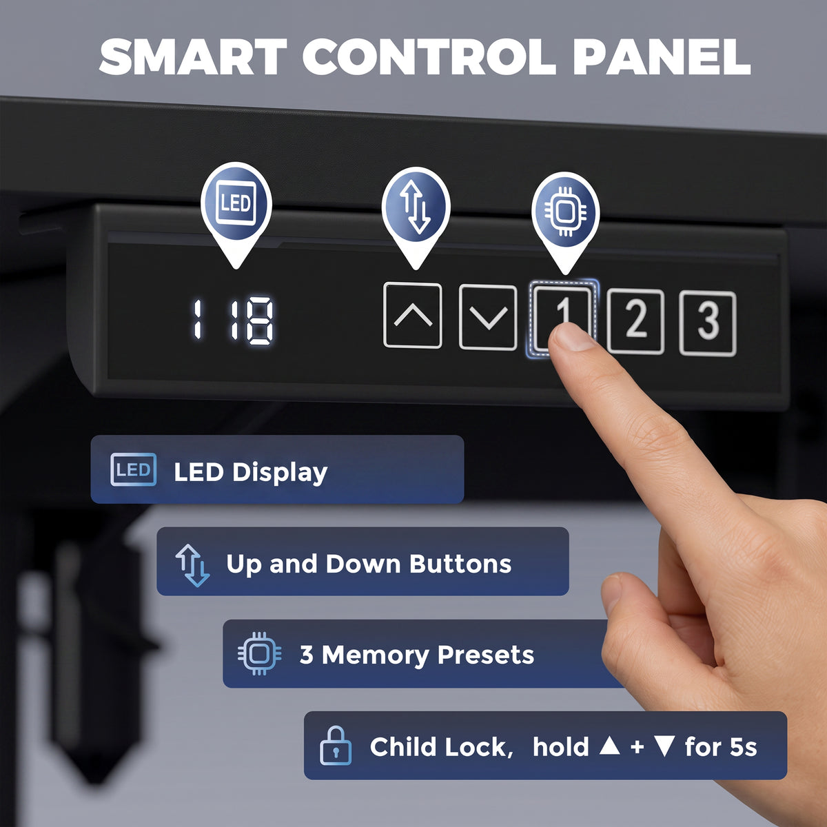 Electric Sit-Stand Desk | Black or White | 120x60cm | Height 72–118cm | LED Panel | 3 Memory Presets | Anti-Collision | Child Lock | 2 Cable Holes | 70kg | 20,000-Cycle Motor